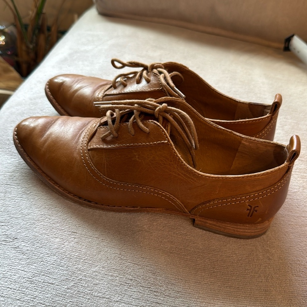 $328 Frye Grace Oxford Cognac Brown Real Leather Lace Up Casual Comfy Daily Flat - Picture 8 of 8